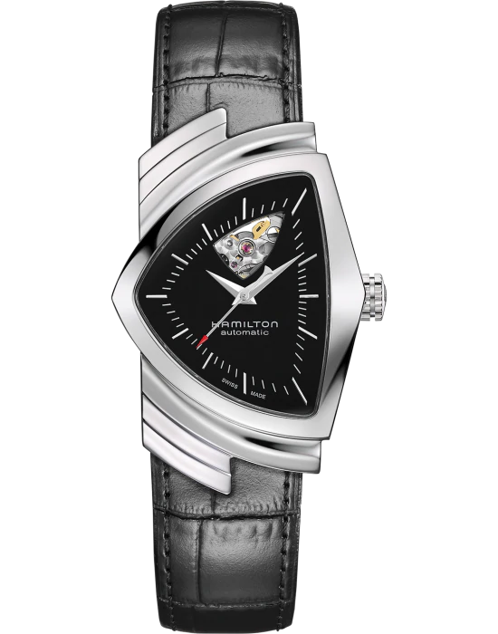 Hamilton Hamilton Ventura Open Heart Auto H24515732  H24515732 механические мужские часы черный циферблат, браслет кожаный — вид спереди